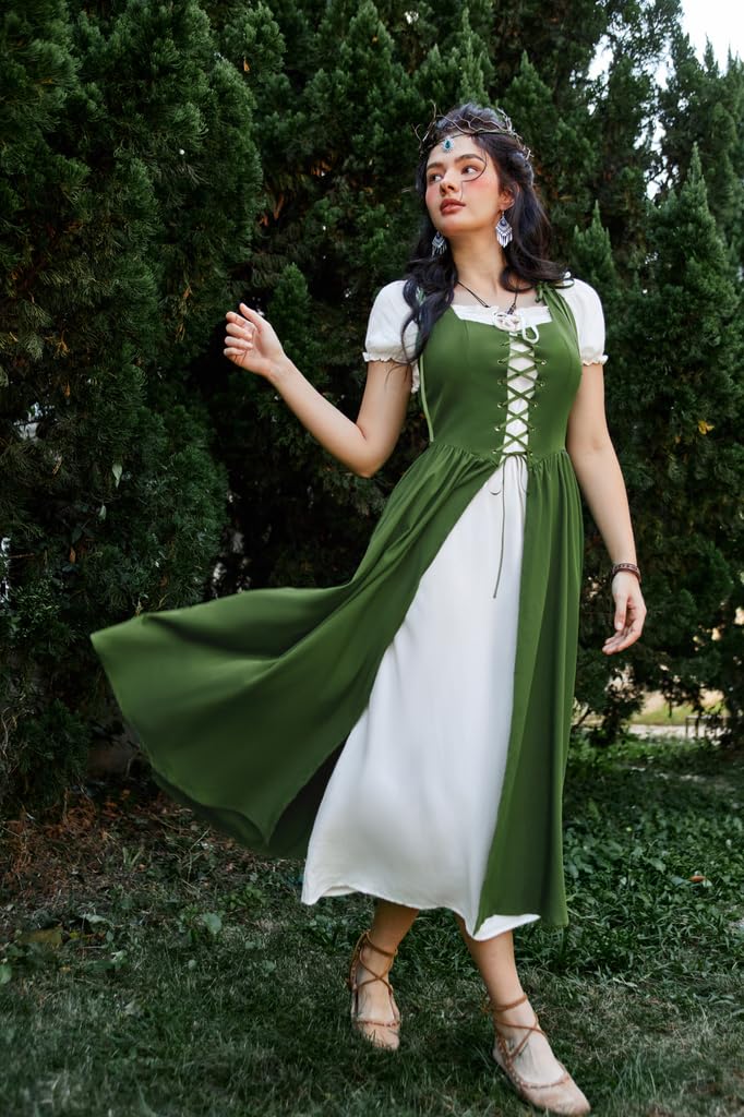 SCARLET DARKNESS Maxi abito rinascimentale da donna, 2 pezzi, con spalle scoperte, maniche corte, con lacci, costume irlandese con sopra il vestito
