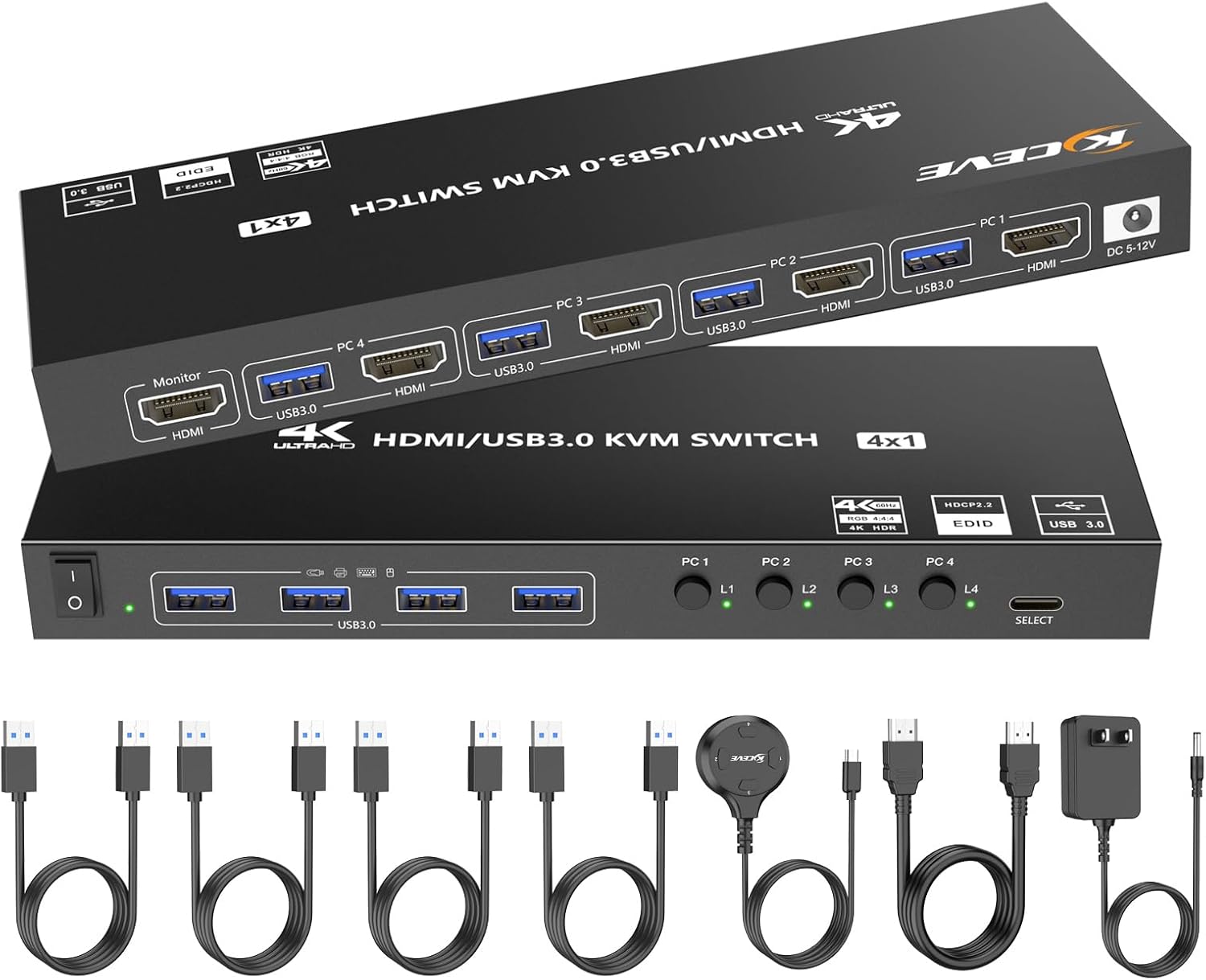 HDMI KVM Switch 4 Computers 1 Monitors 4K@60Hz 2K@120Hz,4 Port KVM Switch with Simulation EDID for 4 PCs Sharing Monitor Keyboard Mouse Hard Drives Printer Wired Remote,Power Adapter Included