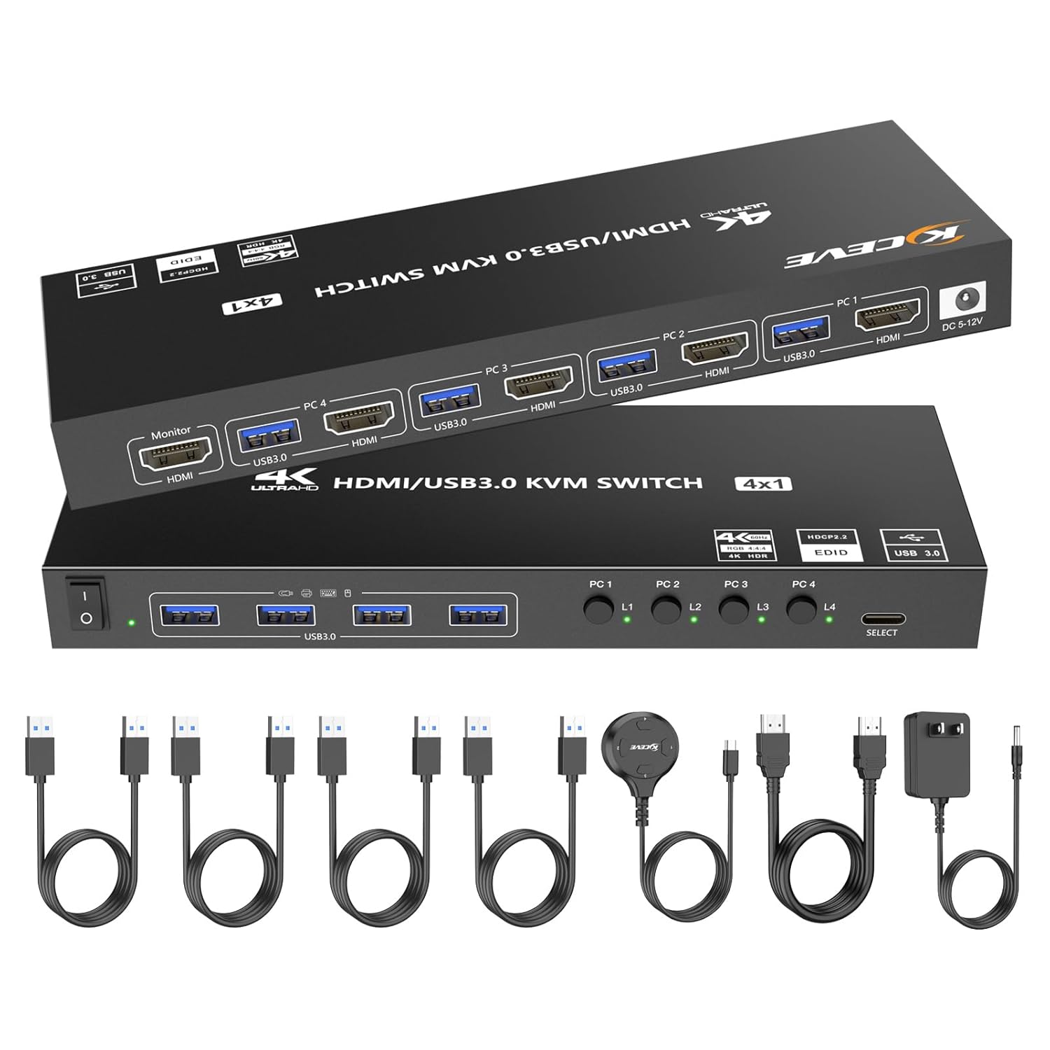 HDMI KVM Switch 4 Computers 1 Monitors 4K@60Hz 2K@120Hz,4 Port KVM Switch with Simulation EDID for 4 PCs Sharing Monitor Keyboard Mouse Hard Drives Printer Wired Remote,Power Adapter Included