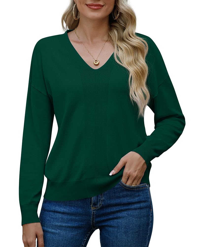 PrinStory Womens V Neck Jumpers Knit Long Sleeve Tops for Ladies Solid Color Sweatshirts