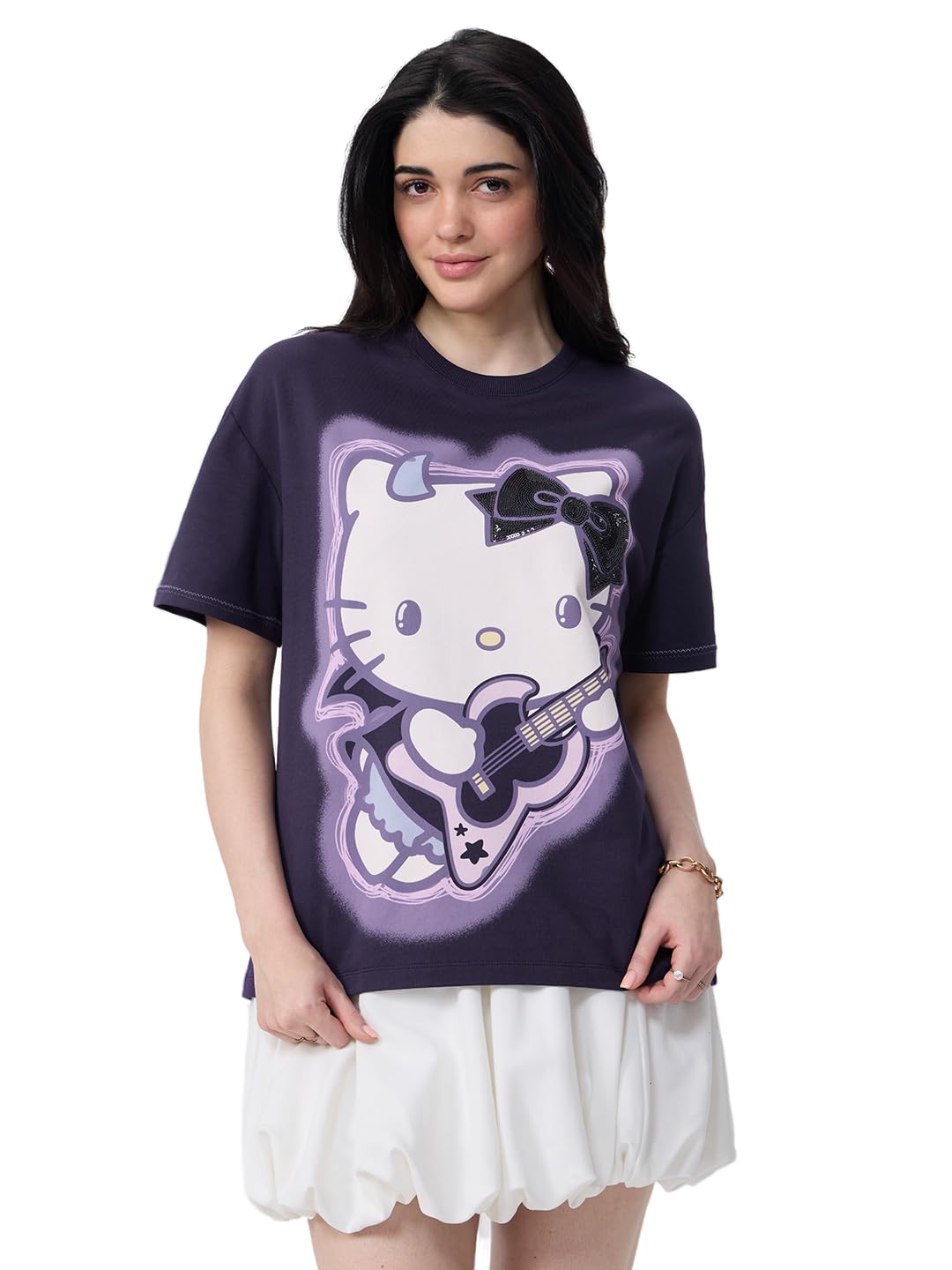 The Souled Store Hello Kitty: Gothic Rockstar - Maglietta da donna e ragazza, a maniche corte, girocollo, in cotone, con stampa grafica viola scuro, oversize, leggera, per tutti i giorni