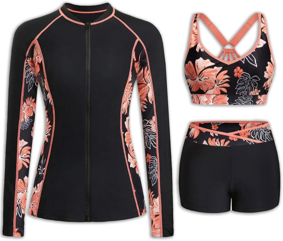 Daci Women 3 Piece Rash Guard - Long Sleeve Zip Up Swim Shirt with Sports Bra and Shorts UPF 50+ Modest Swimuits 2026