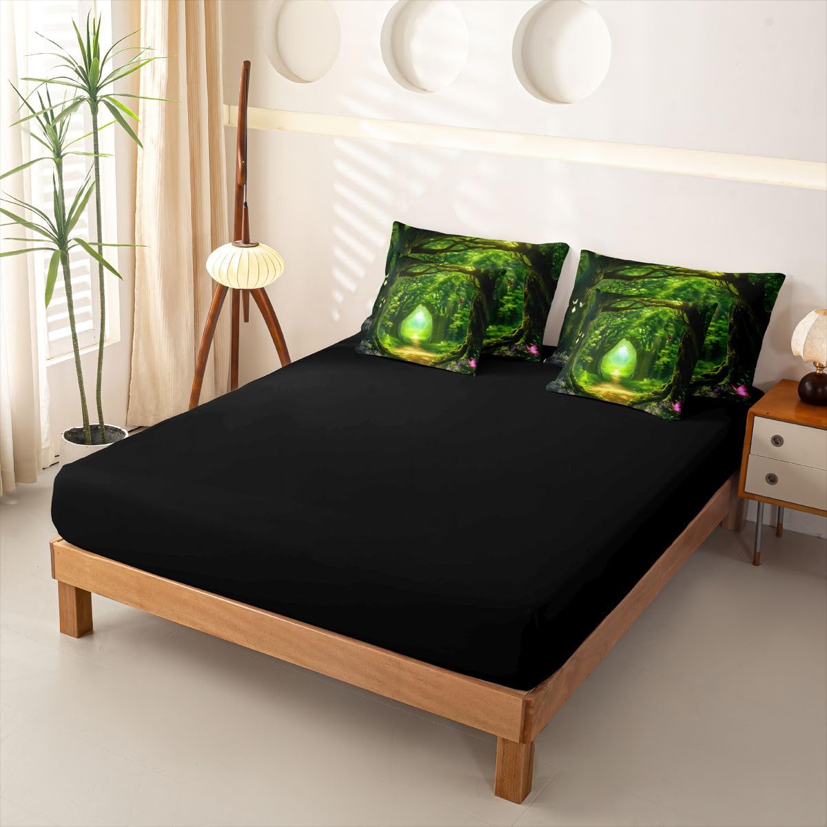 Loussiesd Juego de funda de edredón de 7 piezas, diseño de bosque botánico, tamaño doble, juego de ropa de cama completo con funda de edredón, sábanas, fundas de almohada, fundas de cojín