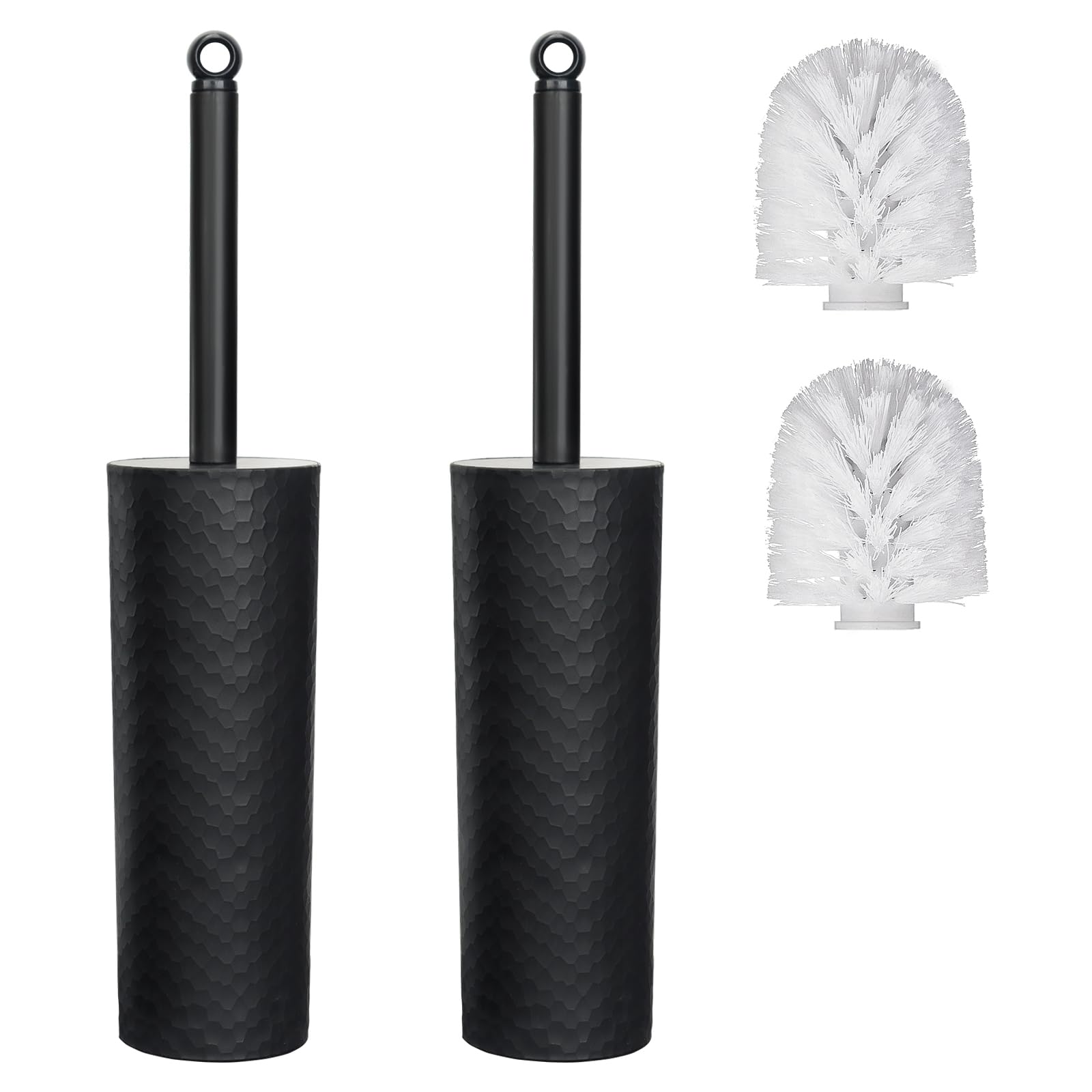 Toilet Brush Set, 2 Pack Closed Toilet Brushes & Holders with 4 Replaceable Brush Heads, Ergonomic Plastic Handle & Soft Flexible Bristles for Bathroom Toilet (Black)