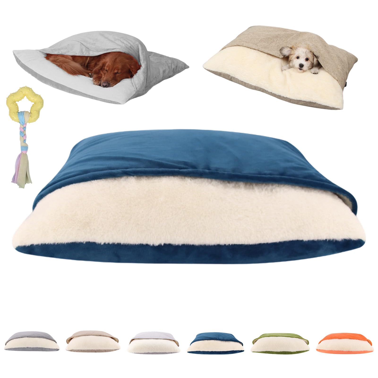Snoozie Snuggle Burrow Bed, Snuggleburrow Calming Dog Cave Beds with Ultra-Soft Built-in Cover, Soft Plush Square Hooded Mats, Pet Sleeping Removable Washable Pad Bags (Blue,M (19.7*23.6 in))