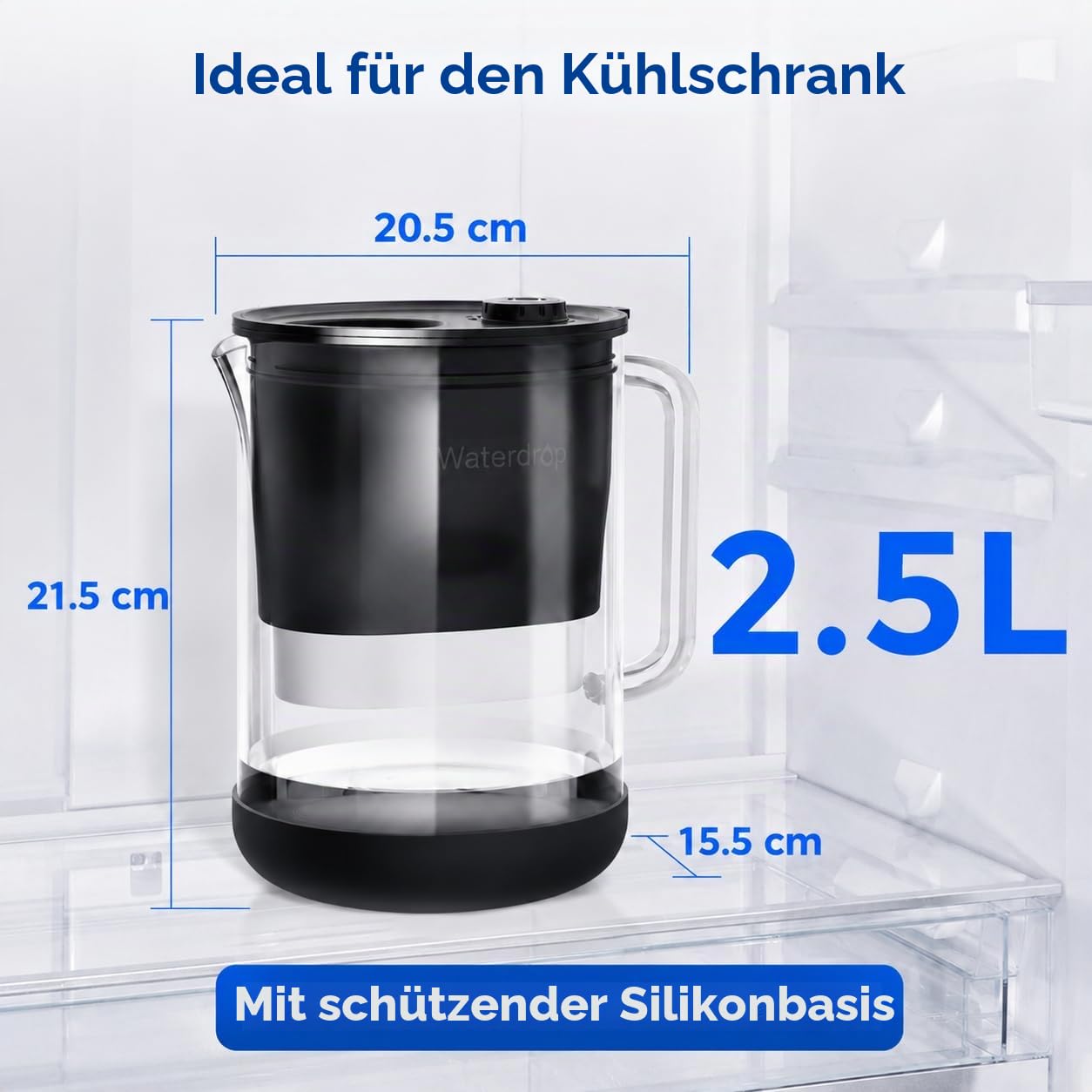 Waterdrop 𝐆𝐥𝐚𝐬 Wasserfilterkanne, 2.5L Wasserfilterkanne mit 2-Monats-Filter, NSF 53&42&372 Zertifiziert, Reduziert PFOA/PFOS, Chlor, Cadmium, Kupfer, Quecksilber, WD-PT-72B