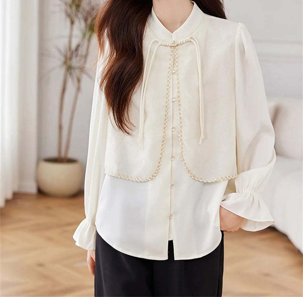 Camicetta da donna a maniche lunghe con colletto rialzato, in chiffon, con bottoni