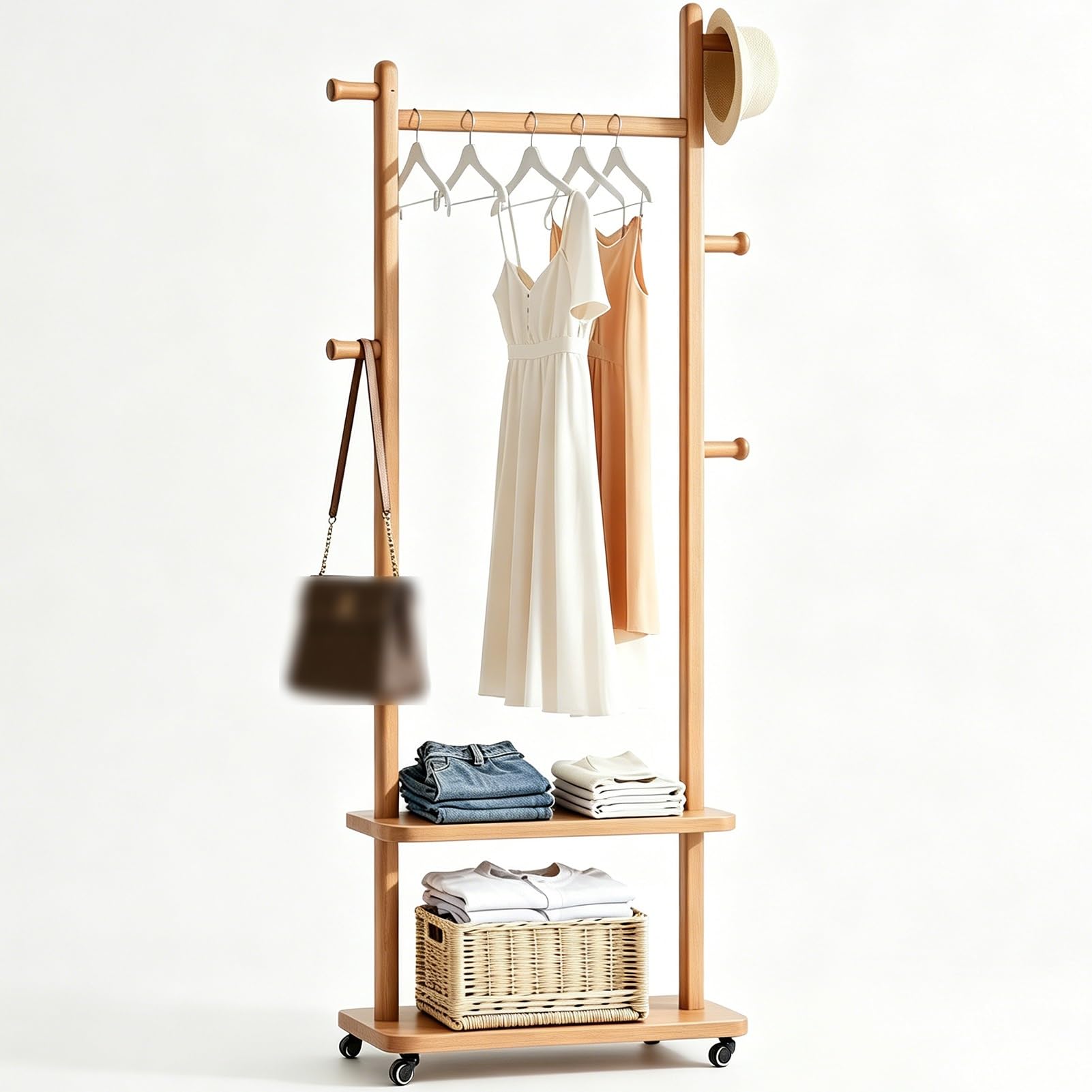 LXXSHOPDS Garment rack Solid Wood Coat Rack With 2 Shelves And 5 Hooks, Single Rod Clothes Rack With Wheels