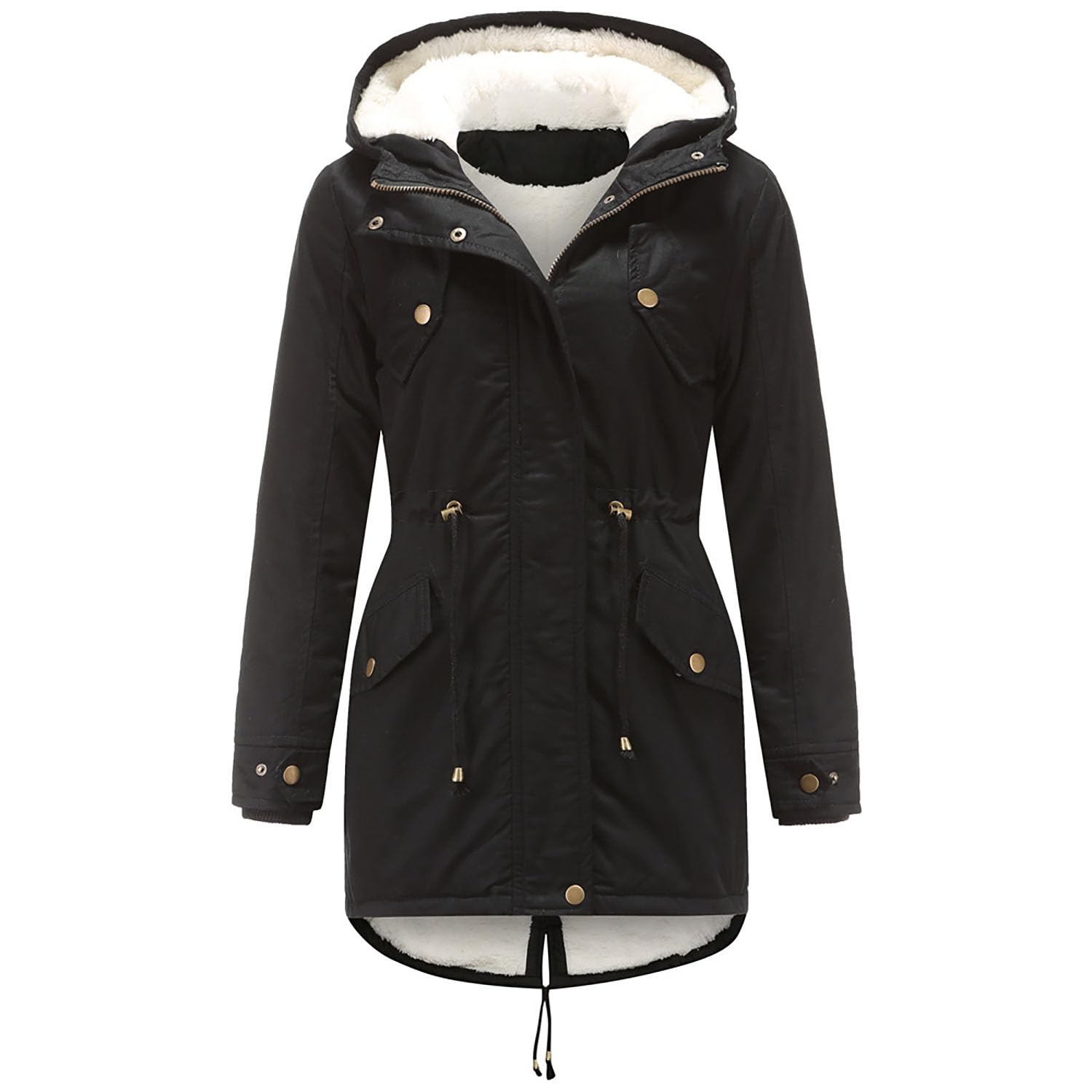 Damen Parka Mantel mit Kapuze Gepolsterte Baumwolljacke Damen Solide Fleece Gefüttert Warme Oberbekleidung für Radfahren, Wandern, Angeln, Bergsteigen,Black,S(Bust:104m)