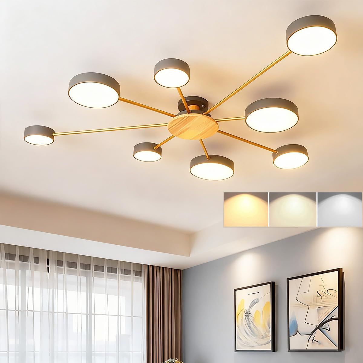 Modern Wood Ceiling Light& Gray 8-Light LED Chandelier | 96W Dimmable 3000K-6000K Semi Flush Mount Ceiling Lamp | Fit Living Room, Bedroom, Dining Room, Hall