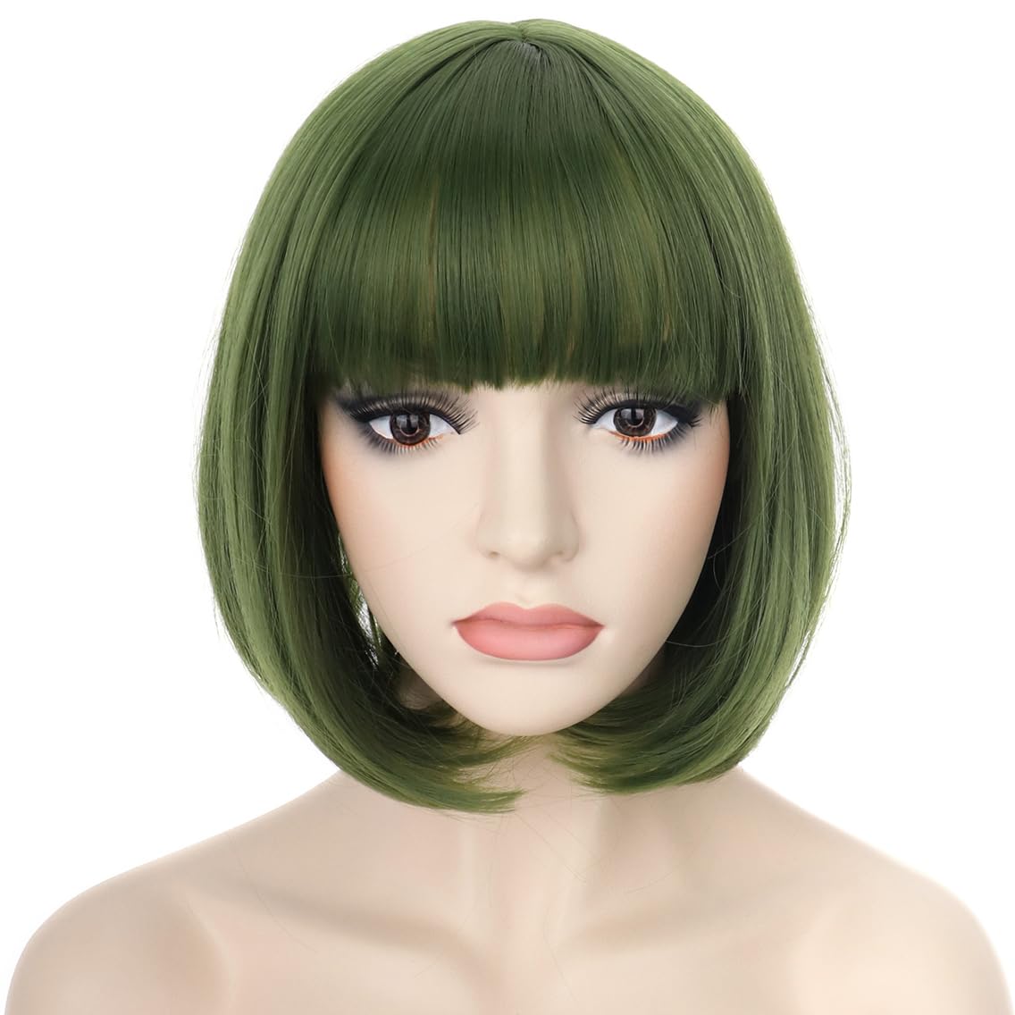 PORSMEER Short Bob Wigs with Fringe For Womens Natural Synthetic Hair Colorful Costume Cosplay Wig for Anime Halloween Fancy Dress Party+Wig Cap,Olive Green