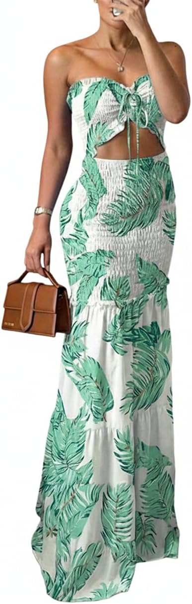 CHICME Floral Printed Prom Dress Tie Ruched Shirred Bandeau Party Dress Slim Fit Ruffle Hem Vacation Dresses