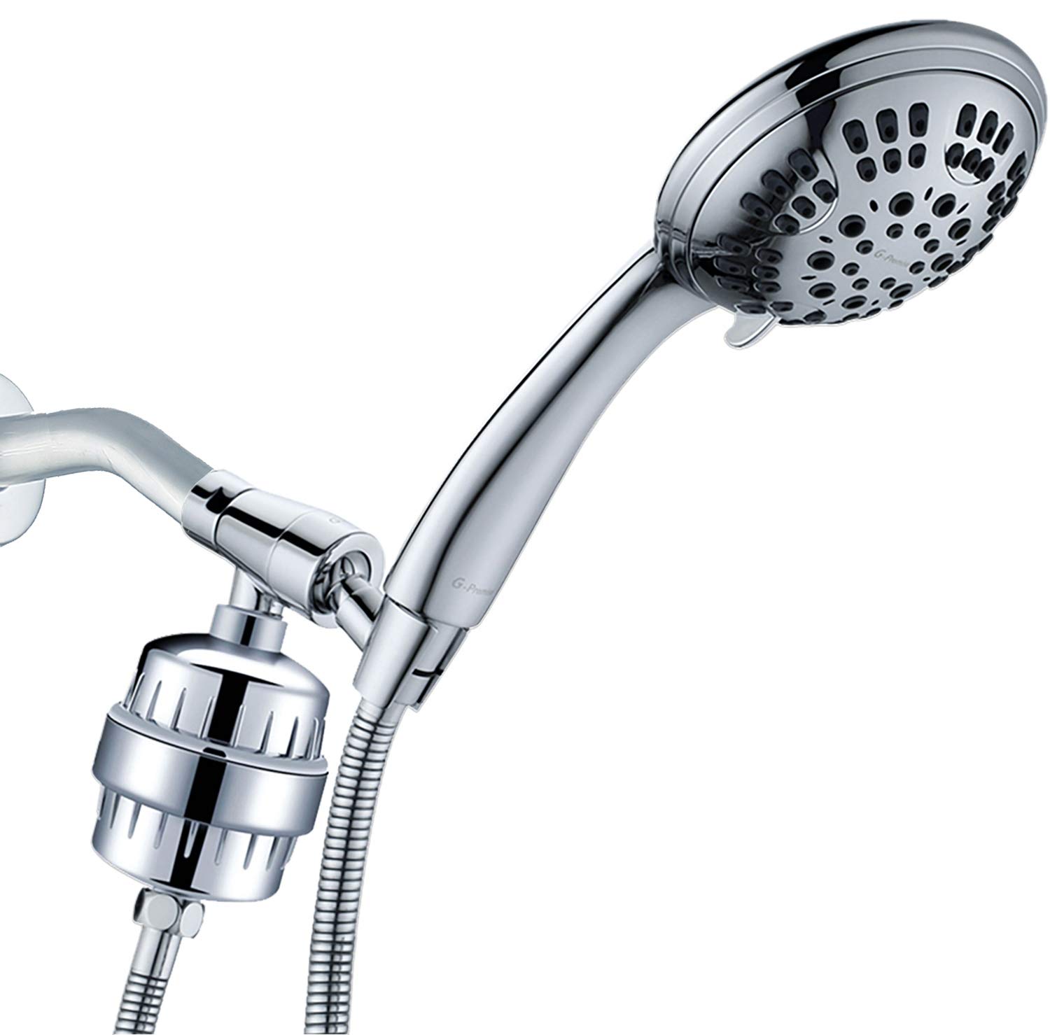 G-PromiseLuxury Filtered Handheld Shower Head, Shower Set 6 Spray Showerhead with 10-Stage Filter of 2 Cartridges, Adjustable Metal Bracket, Extra Long Stretchable Hose, Chrome Finish