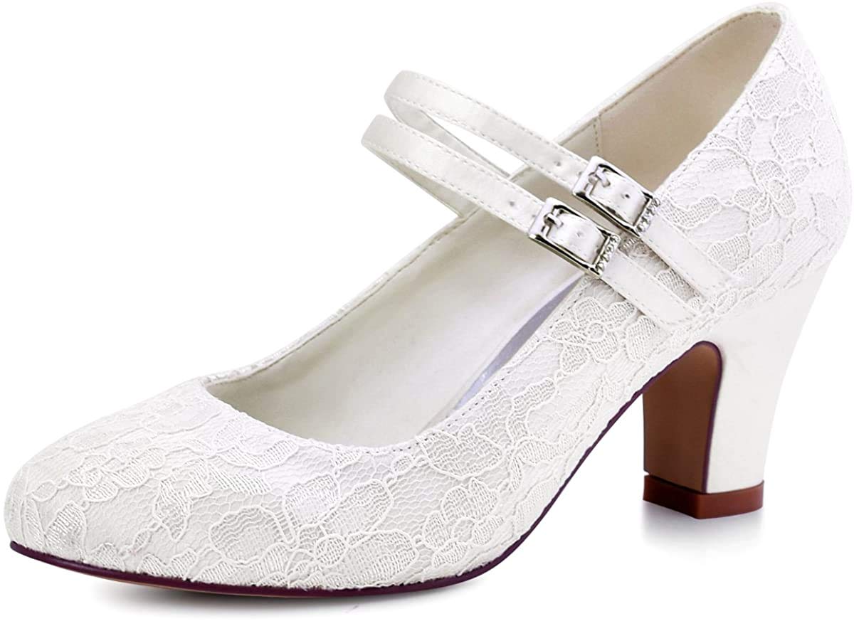 ElegantPark HC1808 Women Cross Ankle Strap Pumps Chunky Heel Closed Toe Satin Bridal Wedding Shoes Ivory US