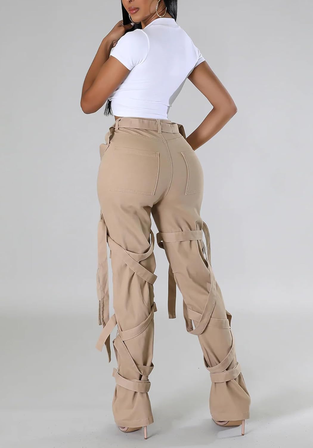 LETSVDO Women's Sexy Stacked Flare Pants High Waist Bandage Fringe Skinny Bell Bottom Jeans Y2k Lace Up Sweatpants