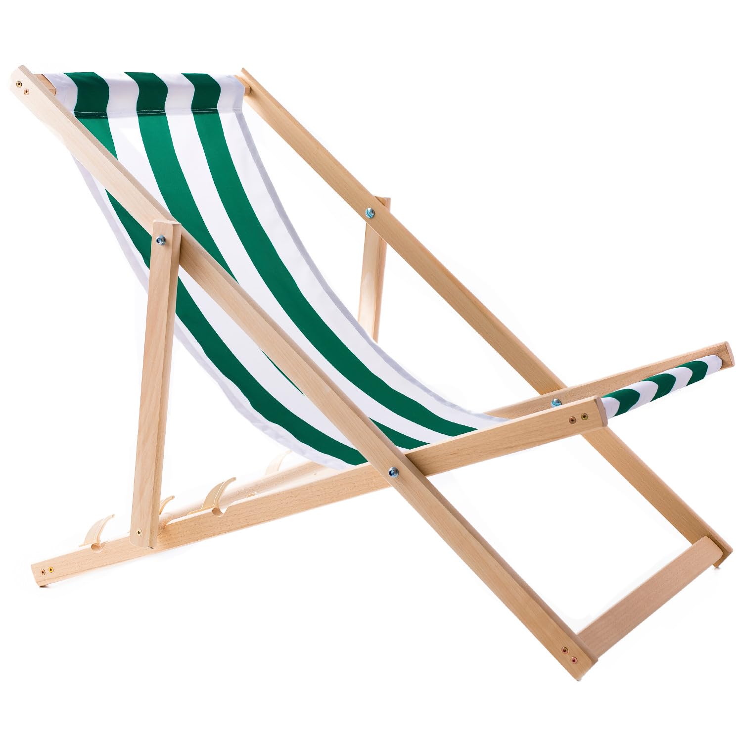 Set di 4 sedie a sdraio in legno di faggio, pieghevoli, per giardino, spiaggia, balcone e terrazza, schienale regolabile, tessuto resistente alle intemperie, fino a 120 kg (Strisce verdi)