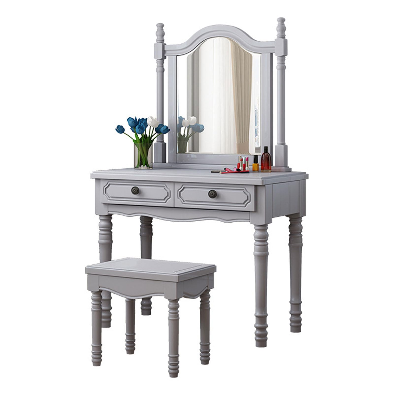 QwerjklAmerican Style Dressing Table Set with HD Mercury Mirror, 2 Sliding Drawers and Dressing Stool, Set of Bedroom Furniture for Girls Women Bedside Table for Girl