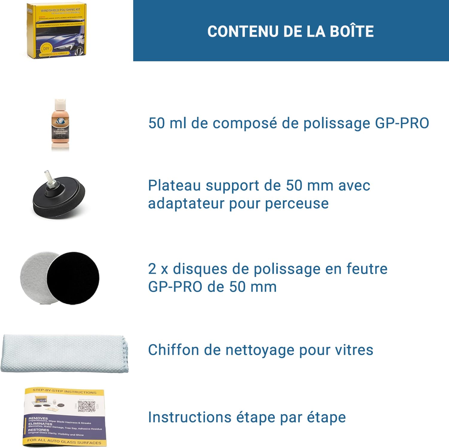 Glass Polish Kit de Polissage de Pare-Brise - Réparation de Verre Automobile Bricolage de 50 mm - Élimine Les Dommages des Essuie-Glaces, Restaure la Clarté et l'Éclat