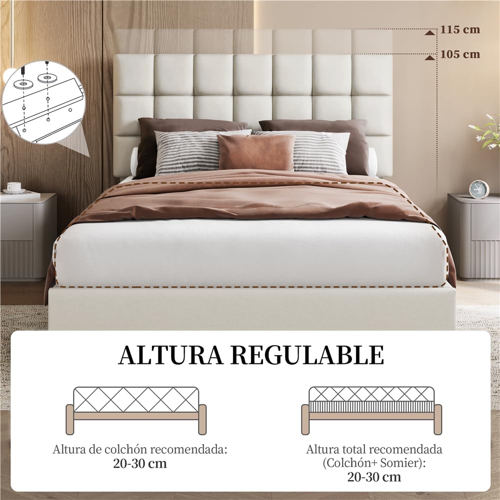 Yaheetech Marco de Cama Doble Acolchado Cuadrado 140×200cm Cabecero Ajustable en Altura con Base de Listones Color Beige