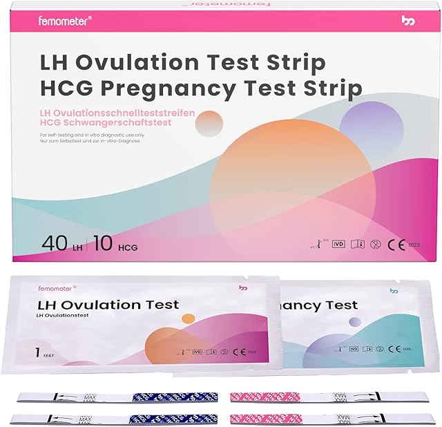 Femometer 40 Ovulation Test Strips and 10 Pregnancy Test Strips, Sensitive Fertility Predictor Kit LH Testing Sticks, Record Accurate Results with Femometer App (40LH+10HCG)