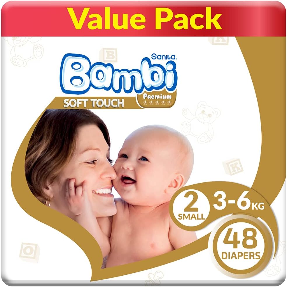 Sanita Bambi Baby Diapers Value Pack Size 2, Small, 3-6 Kg, 48 Count