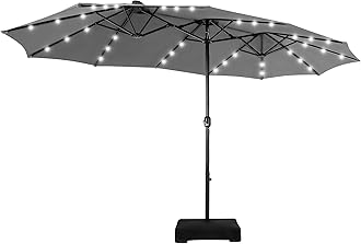 MFSTUDIO 15ft Double Sided Patio Umbrella with Solar Lights, Outdoor Large Umbrellas with Crank Handle and 36 LED Lights, Rectangular Market Umbrella with Base Included for Deck Pool Shade