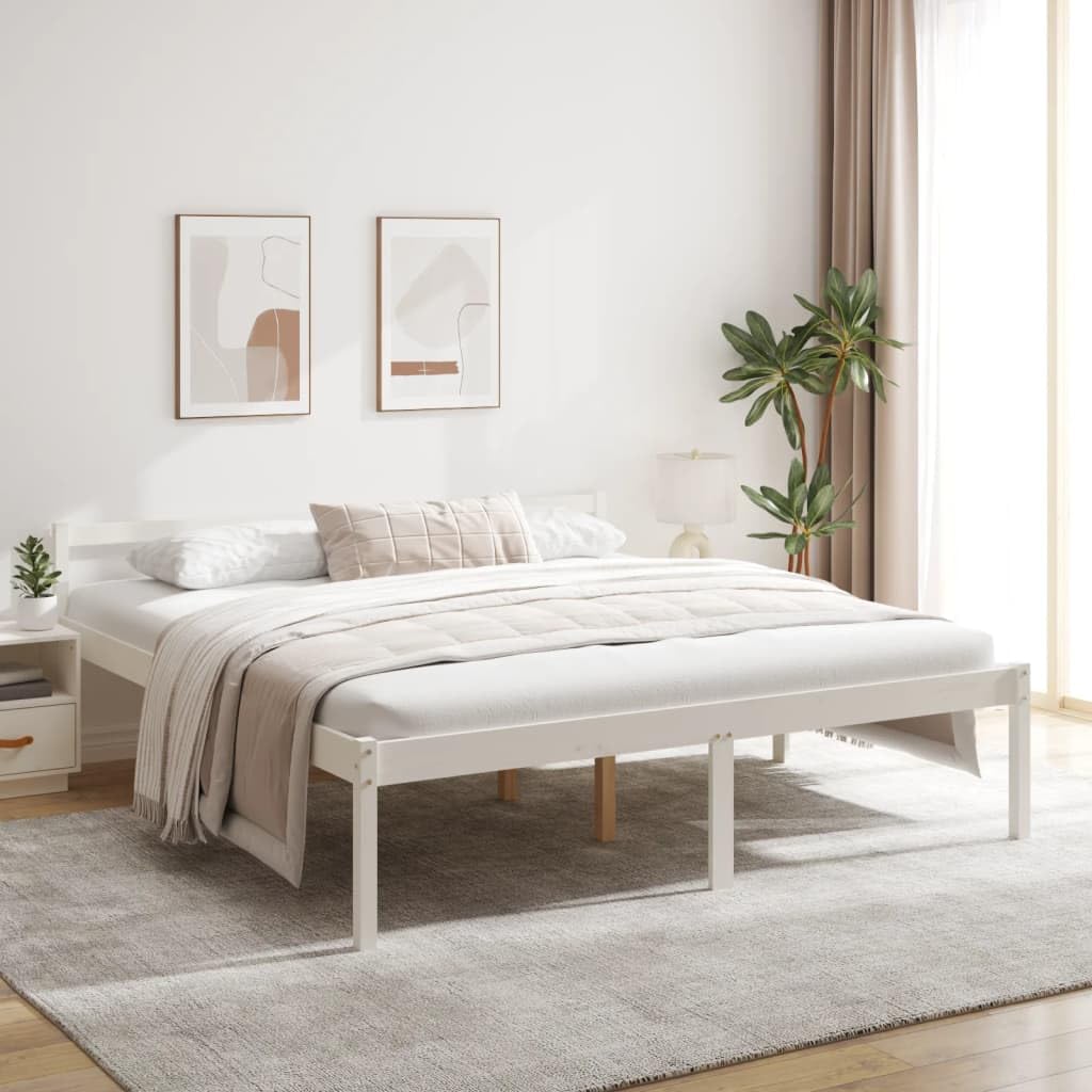 Lite drewno sosnowe wysokie łóżko dla seniora biały 200x200 cm | Łóżko dla seniora białe 200x200 cm lite drewno sosnowe rama z listwami duża przestrzeń do przechowywania