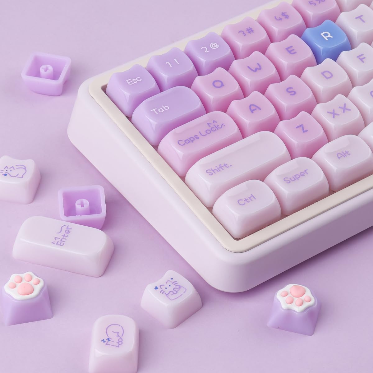 Ceramic Jade Purple Cat Keycaps, 148 Keys Translucent Creamy Jelly Cute Keycaps Mao Profile Custom Keycap for Cherry Gateron MX Swithes Mechanical Keyboards