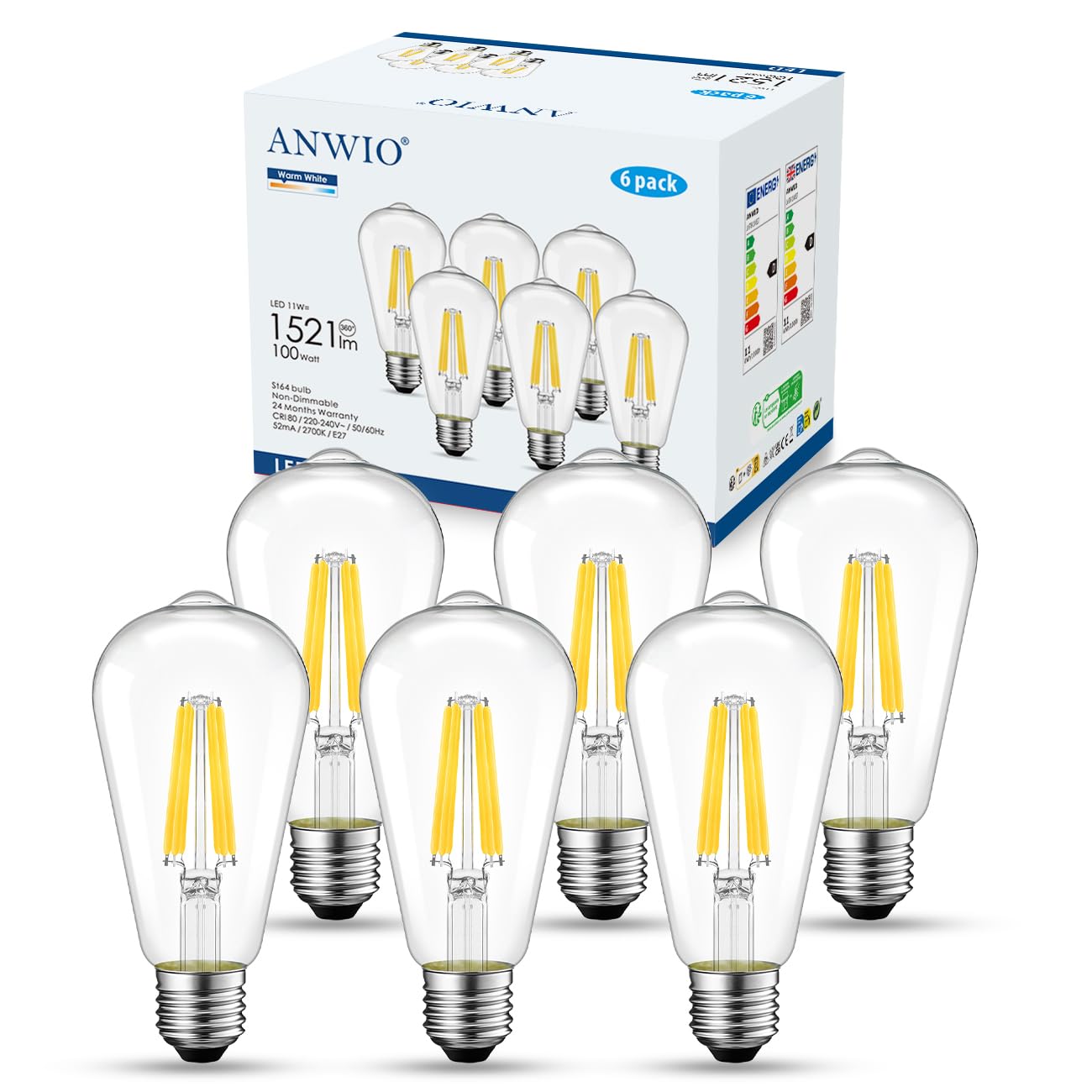ANWIO LED ST64 E27 LED Edison Vintage Leuchtmittel, 11W entspricht 100W Glühbirne, 1521LM Super Helle Lampe, Warmweiß 2700K Fadenlampe, nicht dimmbar, klares Filament (6er Pack)