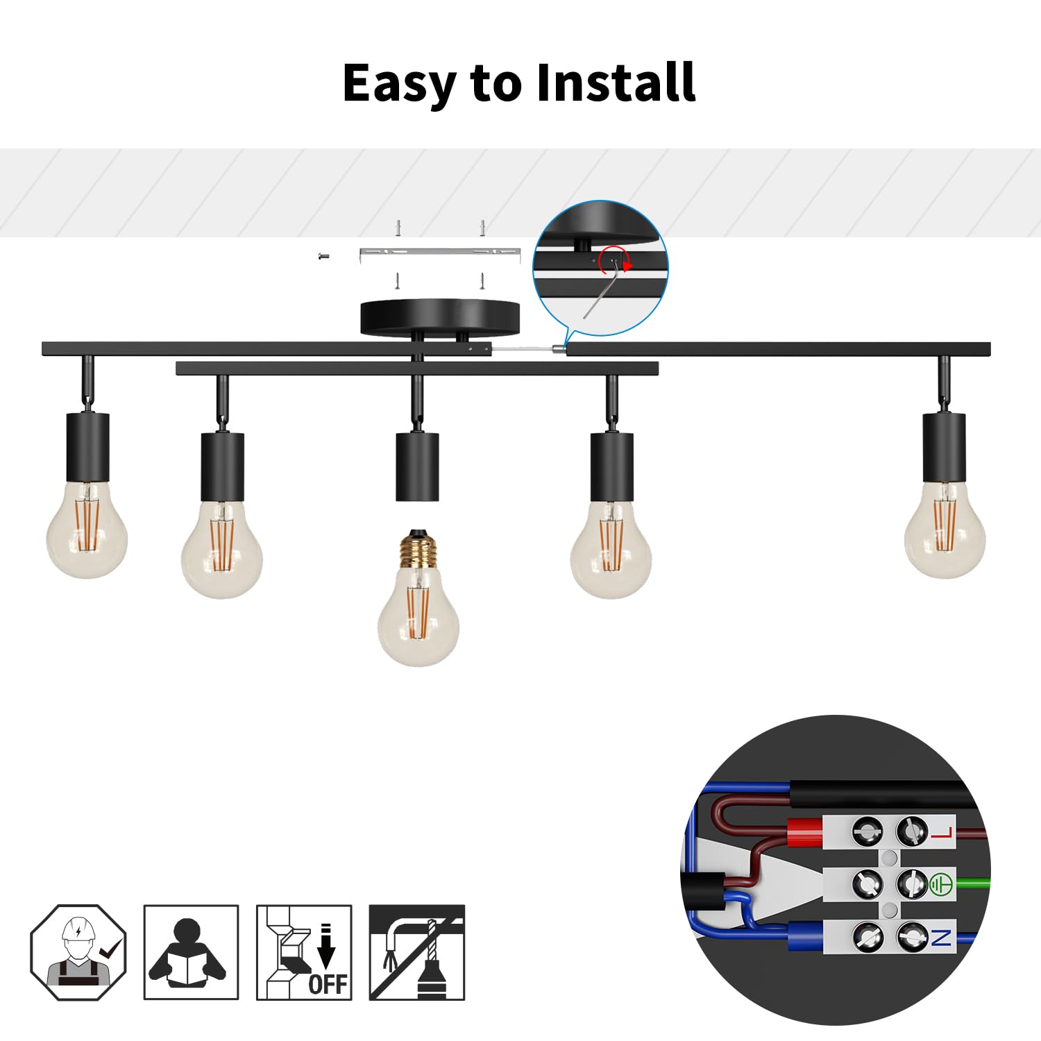 LVWIT Faretto LED Interno Nero, Lampadario Faretti con 5 Attacco E27, Faretti Soffitto Moderna, Faretti Orientabili per Barra, Salotto, Cameretta, Cucina,Corridoio Illuminazione (Senza Lampadina)