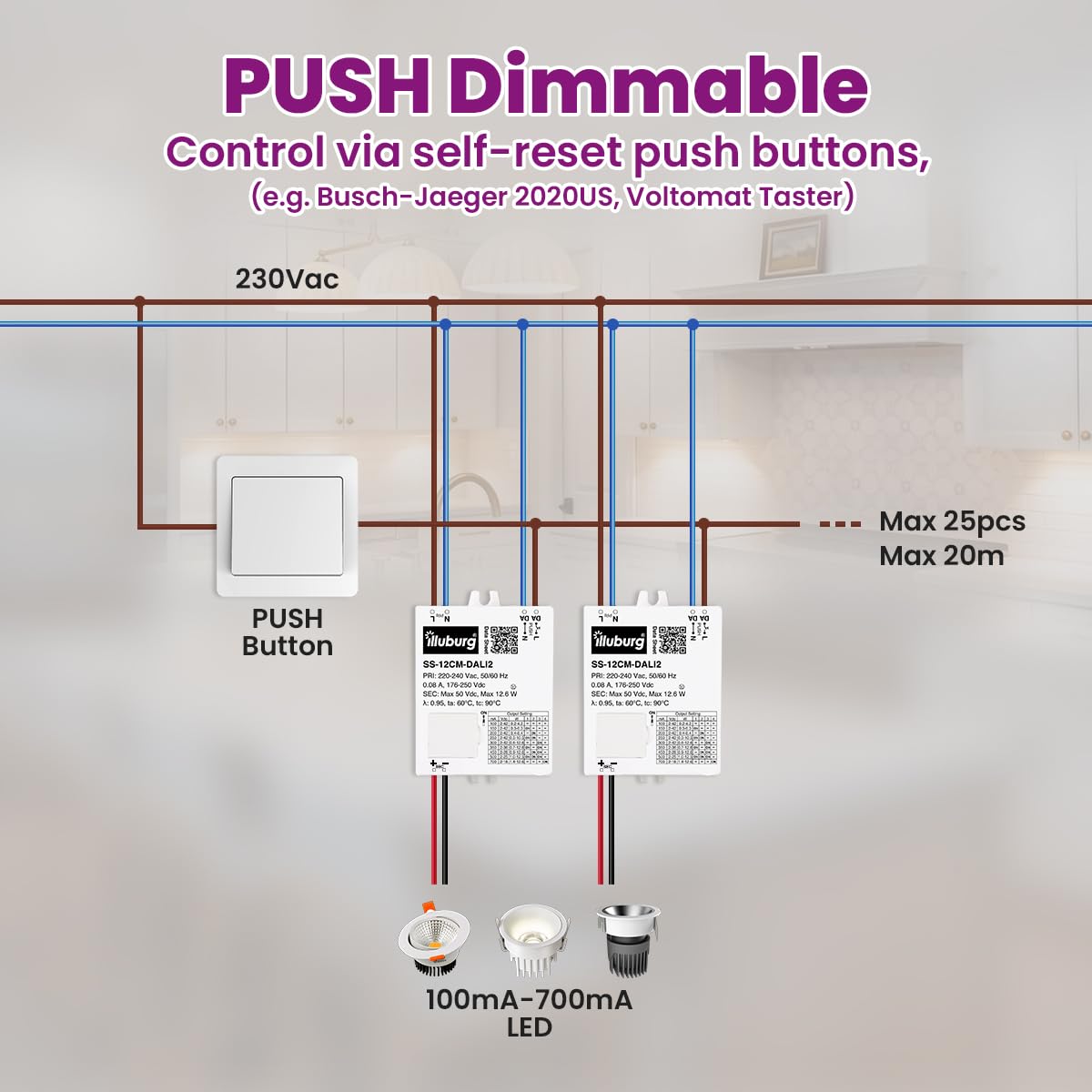 Transformateur LED Variable DALI PUSH 100mA - 700mA Sortie Réglable 12W LED Bloc d'Alimentation Driver