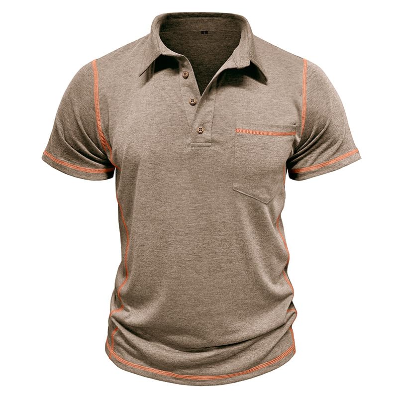 Men's Casual Polo Shirts Classic Short Sleeve Button Tees Basic Golf Shirt Cotton Top with Pocket Khaki XL