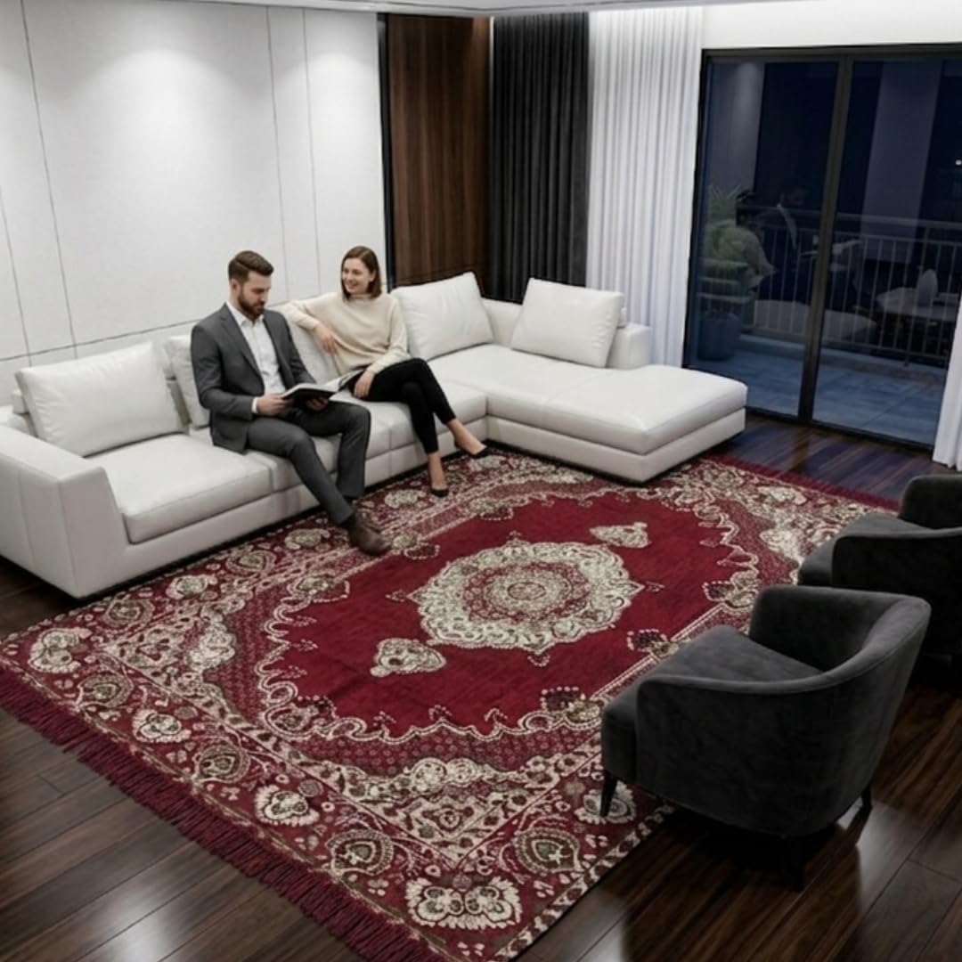 Kesar Store® Velvet Carpet 4x6 ft (120x175 cm) Maroon Persian Design Area Rug | Soft Embroidered Floor Carpet for Living Room, Bedroom, Hall, Home Decor | Traditional Rug (Pack of 1)-image-11