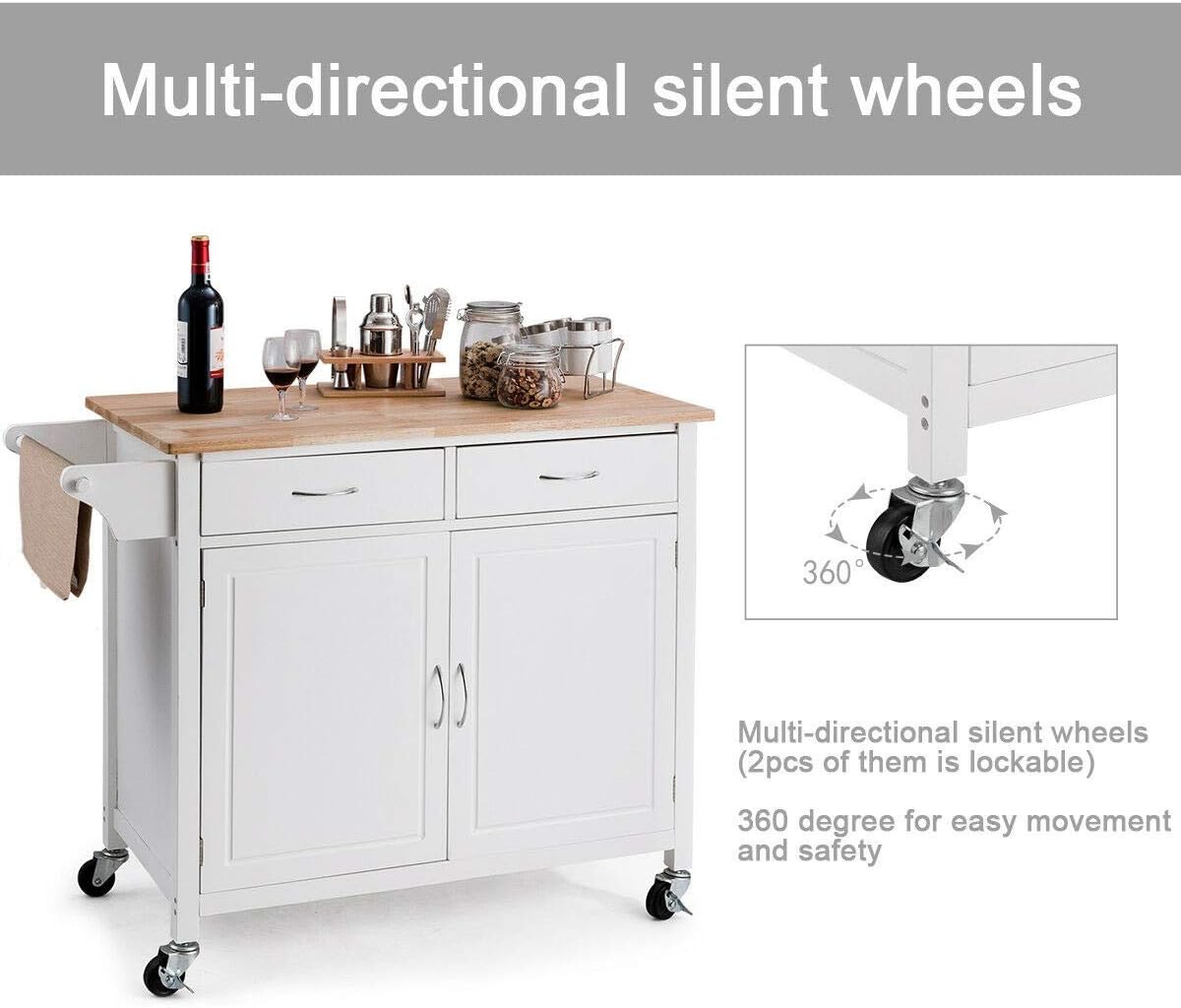 Double Drawer Serving Cart w/2 Tiers Shelf Door Cabinet, Modern Rolling Kitchen Island Towel Shelf, Piine Wood Top Praparing Table Trolley Storage Cart, Utility Cabinet Island Shelf, White