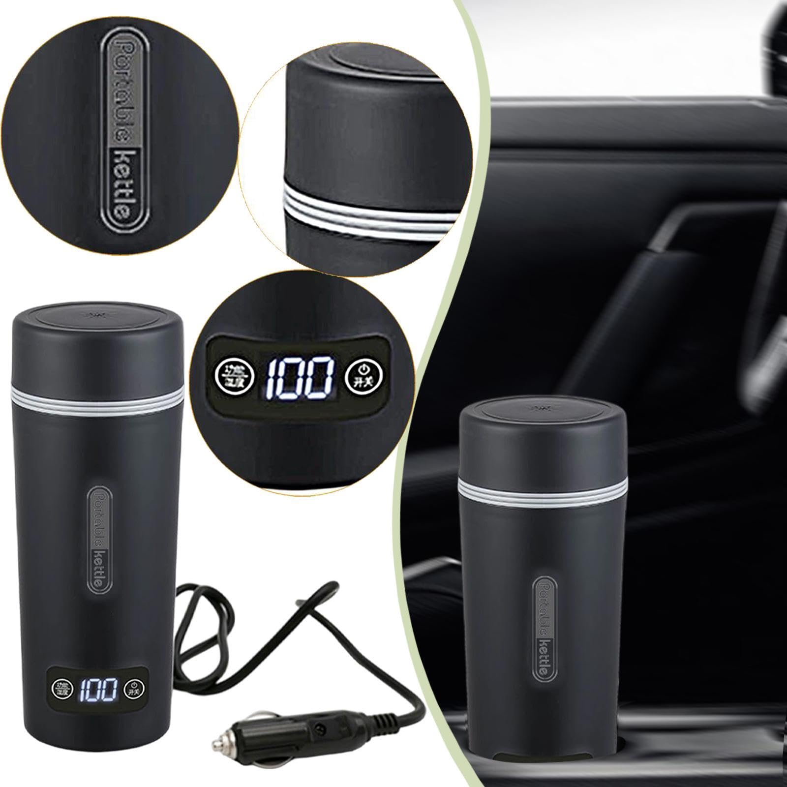 Carro Taza Calefactable Hervidor Eléctrico Botella Termo Portátil de Acero Inoxidable con Pantalla LED de Temperatura Y Diseño Compacto Adecuado para, 12 V para Coche, Individual