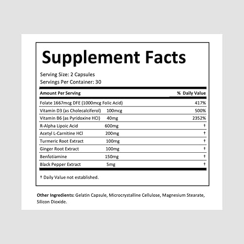 Miniatura 5 de Suplemento nervioso de poder nervioso R Ácido alfa lipoico 600 mg - Alivio de neuropatía para molestias para ciáticos, pies, manos
