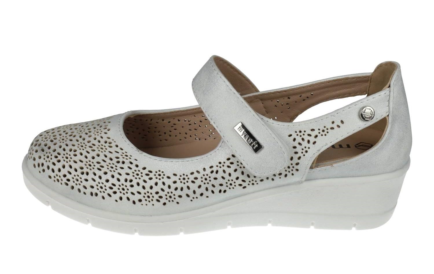 mysoft 25M208 Merceditas Mujer Plata con Diseño Calado y Cinta Textil Adhesiva Mujer Manoletinas