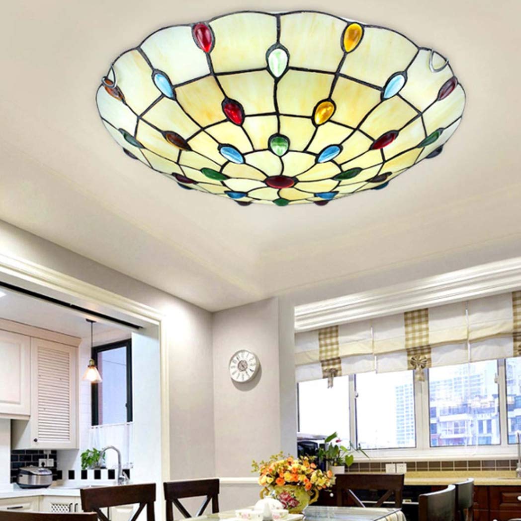 Yjmgrowing Flush Mount LED Ceiling Lights Fixture with Retro Yellow Stained Glass LED Ceiling Lamps in Tiffany Style Bedroom Corridor Entrance Decor Lighting,LED Chip,12W/18W/36W,White Light,12inch