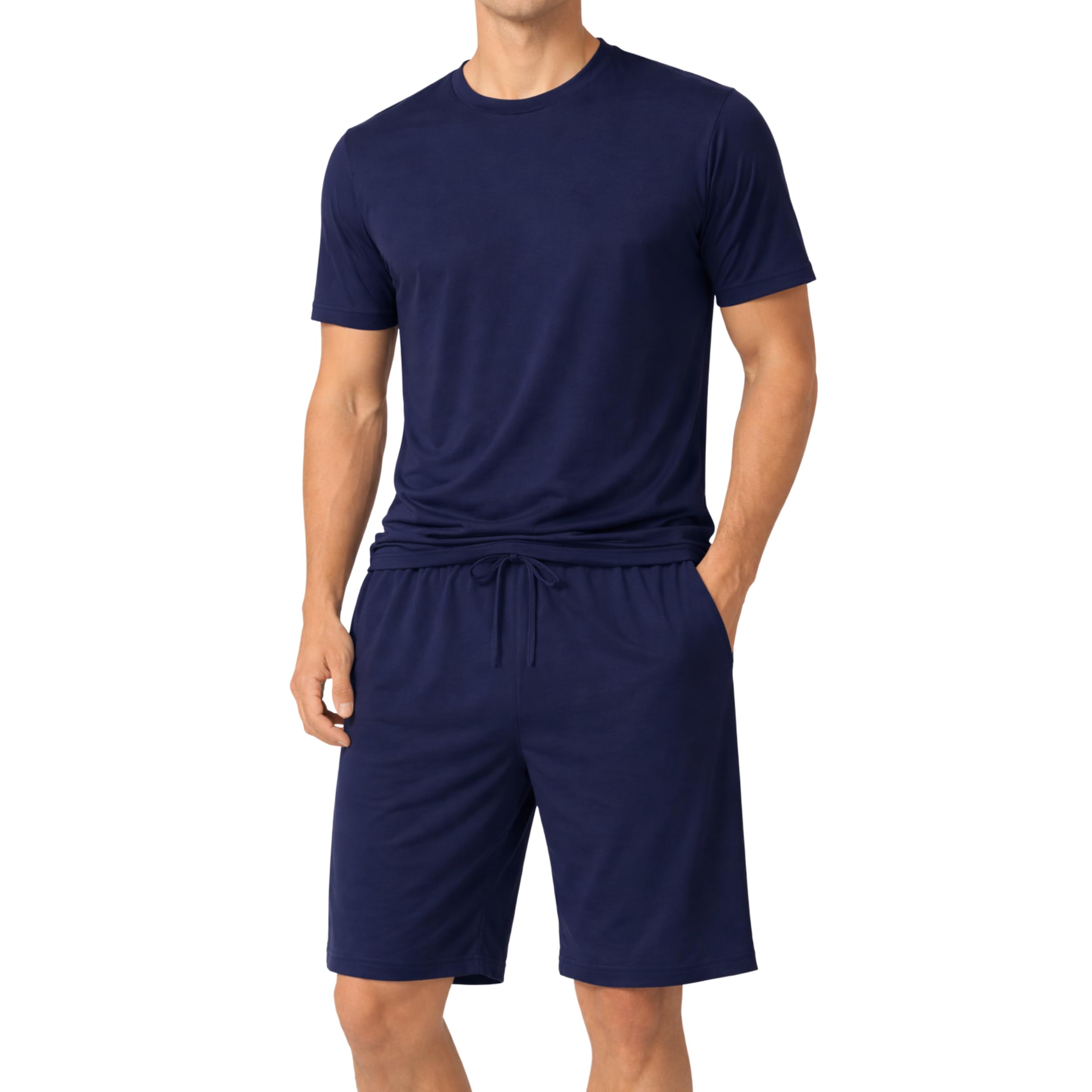 Photo 1 of #followme Men's Stretch Jersey 2-Piece Pajama Short Set, Crew Neck Tee and Two Pocket Shorts, Navy, X-Large