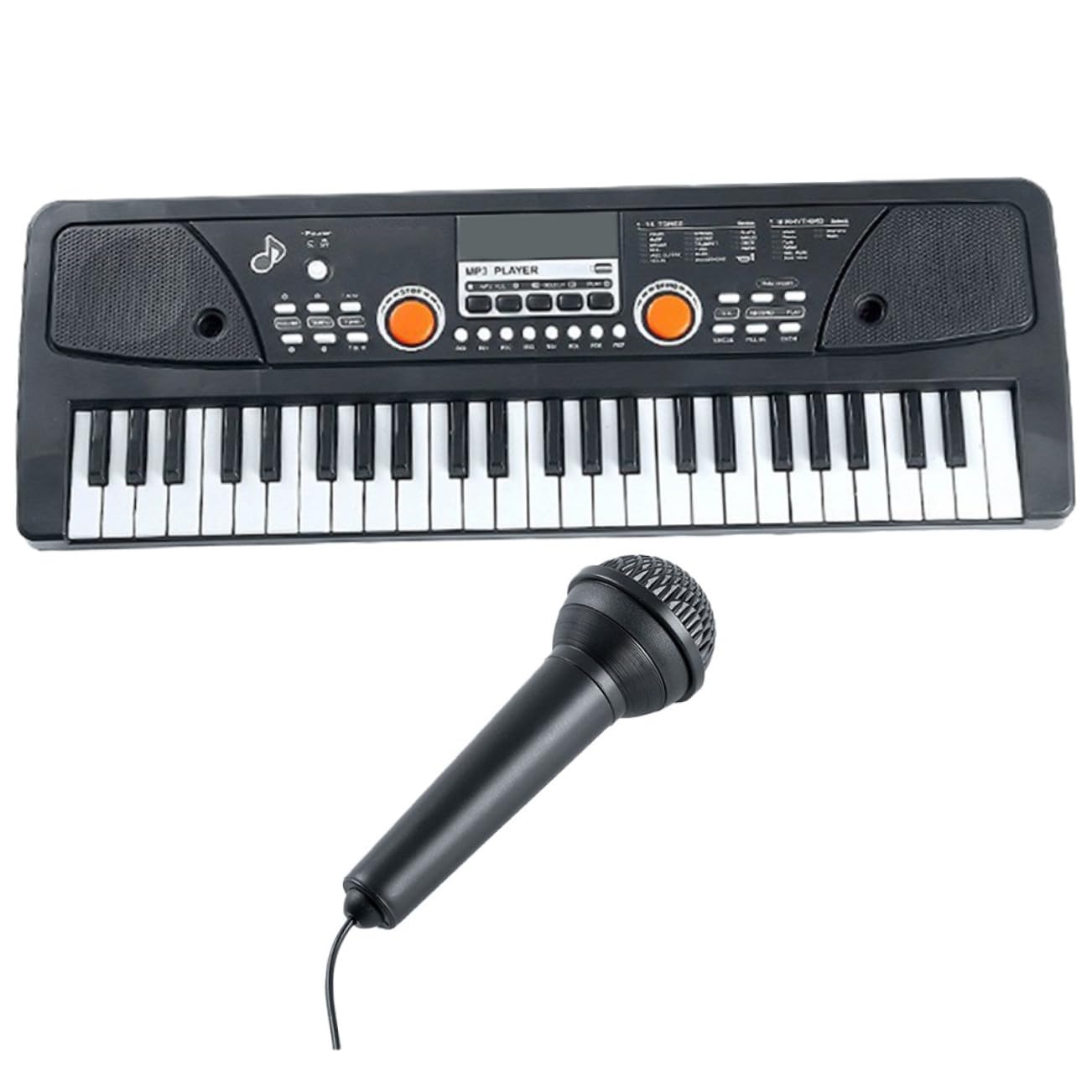 Piano Electrónico Infantil de 49 Teclas de Plástico Negro | Micrófono, 1 Juego, Superficie Lisa y Tacto Cómodo, Juguete Musical para Aprendizaje Temprano