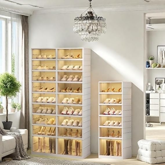 9 & 6 Layer Foldable Shoe Rack Organizer for Wardrobe 36 Pairs & 12 Pairs Plastic Shoe Rack Foldable Shoe Storage Box Clear Shoebox Stackable with Door Easy to assemble Shoe Cabinet with Lid Large Siz