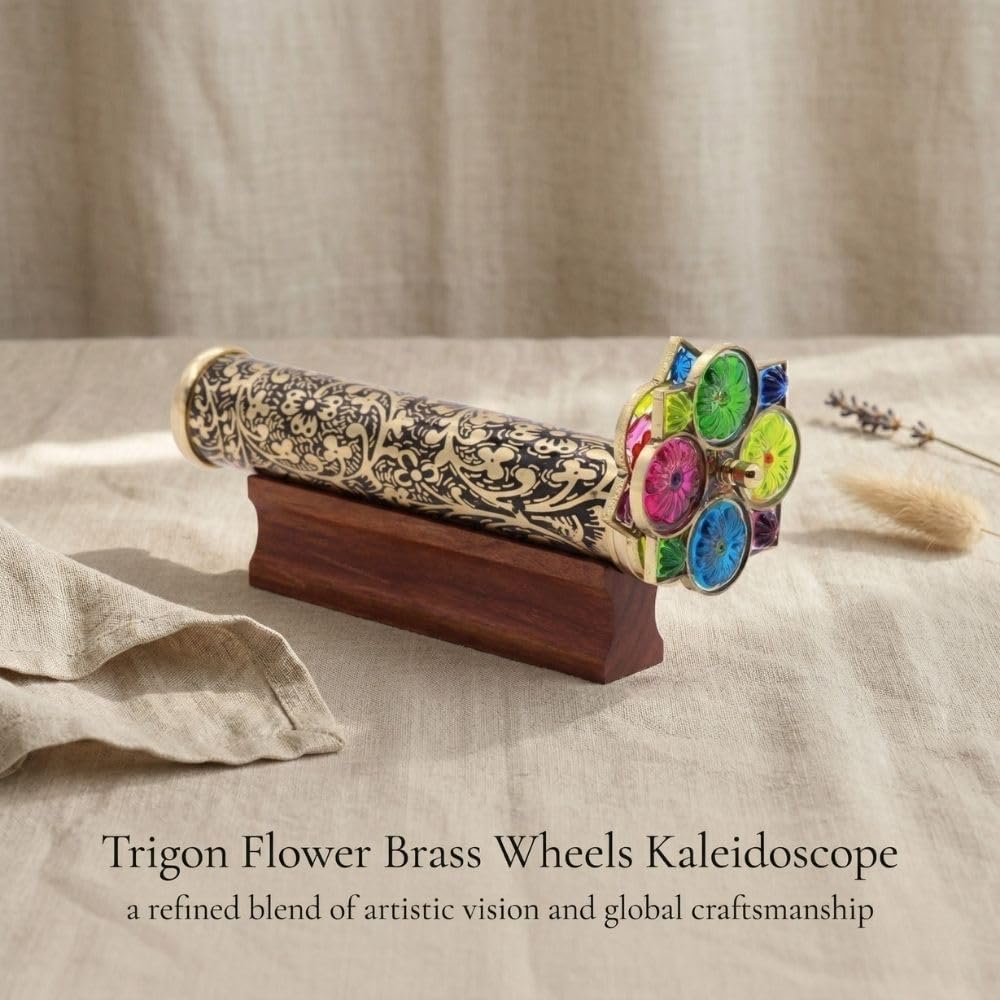 Handmade Giant Trigon Flower Brass Kaleidoscope – Stunning Visual Display with Hardwood Base – Unique Gift for Collectors, Art Lovers & Home Decor Enthusiasts