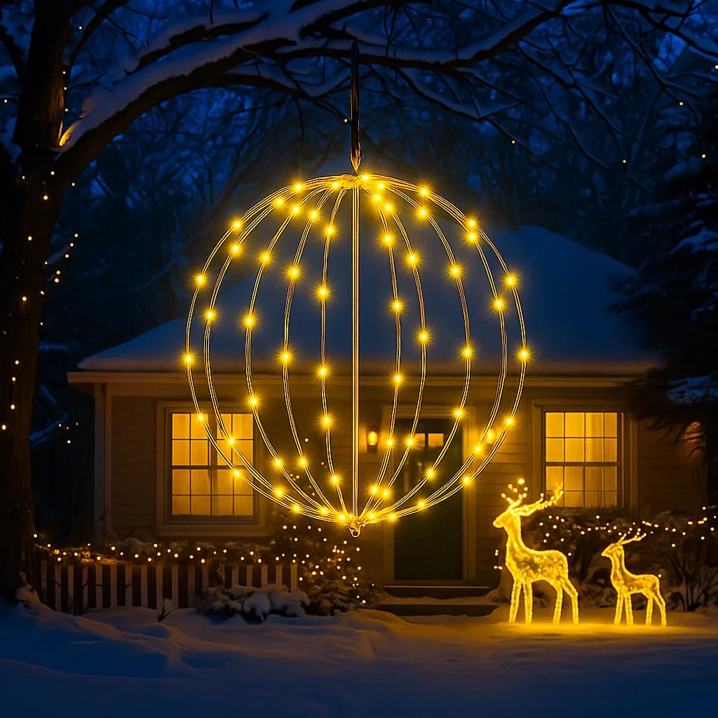 Weihnachtsbeleuchtung Außen Batterie, 30cm Hängende LED Kugel Lichter Timer 120 LED Leuchtkugel Weihnachtsdeko Outdoor 8 Modi wasserdichte für Garten Party Innen(1 Stück, Warmweiß)