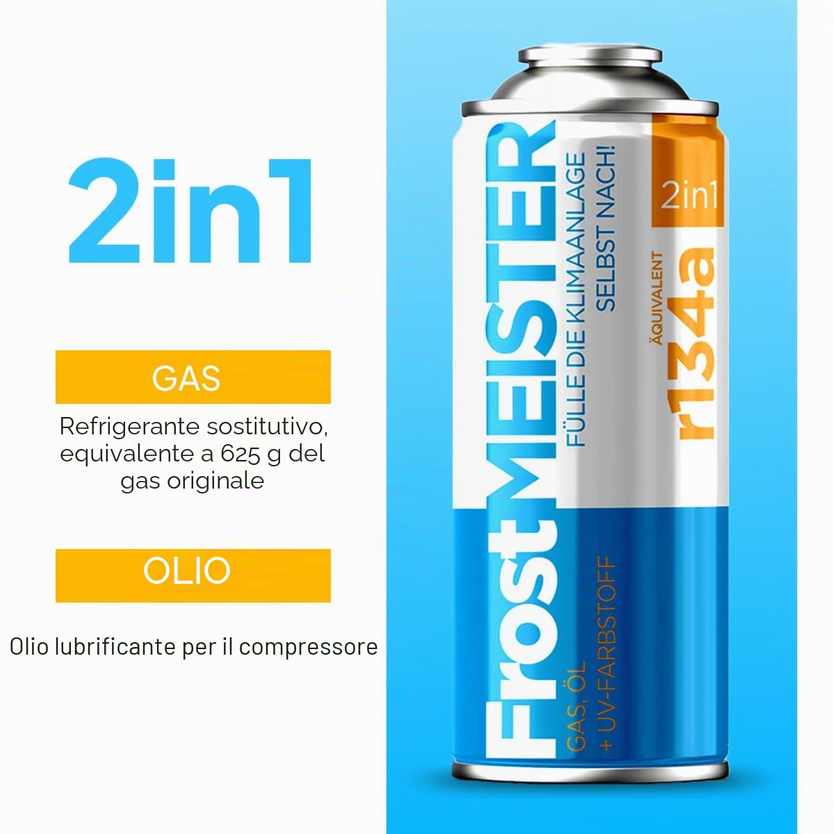 2 in 1 - Kit di Ricarica per Aria condizionata Auto 400 ml con Tubo manometro per R134a (1995-2016) - Applicazione Rapida, Semplice e sicura
