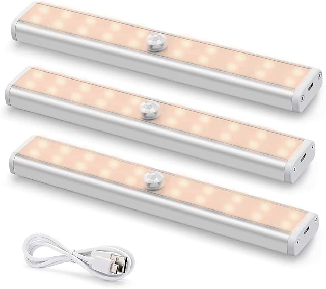 Fansteck Cupboard Lights 3Pcs, Motion Sensor Wardrobe Lights with 20 LED, USB Rechargeable Under Cabinet Lighting with 6 Magnetic Strip, Auto On/Off with Always-On Mode for Kitchen Bedroom, Warm