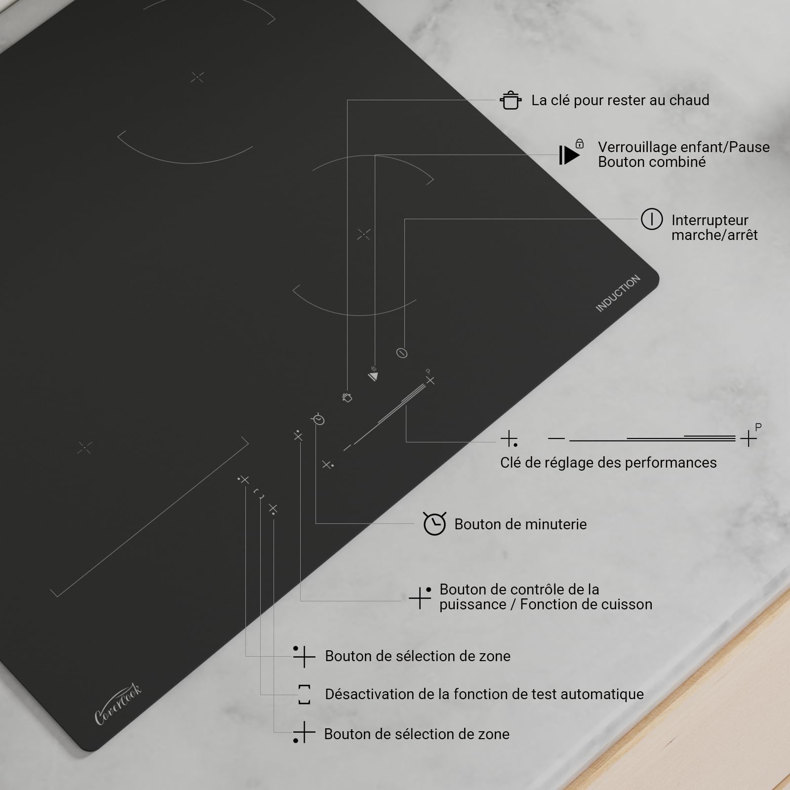 Table de cuisson électrique à induction 59 cm, plaques chauffantes encastrables avec zone pont, 7000 W, 240 V, verre mat, résistant aux rayures, fonction pause et maintien au chaud