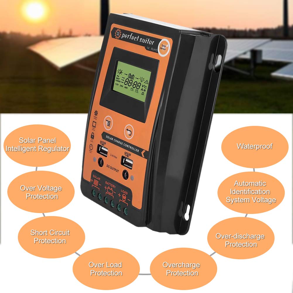 Solar Panel Controller, 12V/24V A MPPT Solar Charge Controller Solar Panel Battery Regulator Dual USB LCD Display(50A)