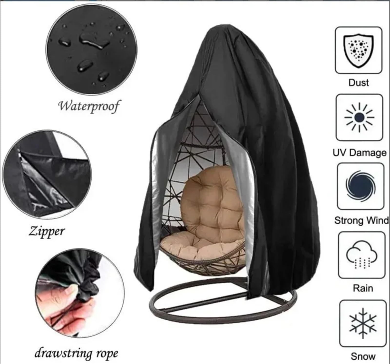 Copri-poltrona a uovo da giardino, Fodera for poltrona Egg Grigio Nero 190x115 cm Altalena da esterno con cerniera antivento sospesa