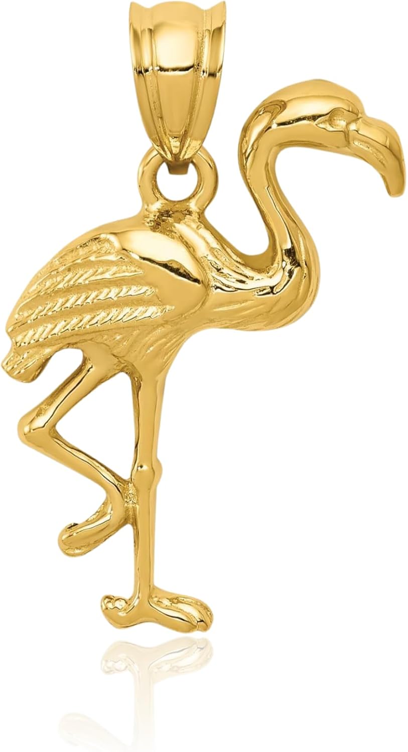 IceCarats 14K Solid Yellow Gold Medium Flamingo Pendant Necklace 24mm 0.9 inch Polished, Textured For Her