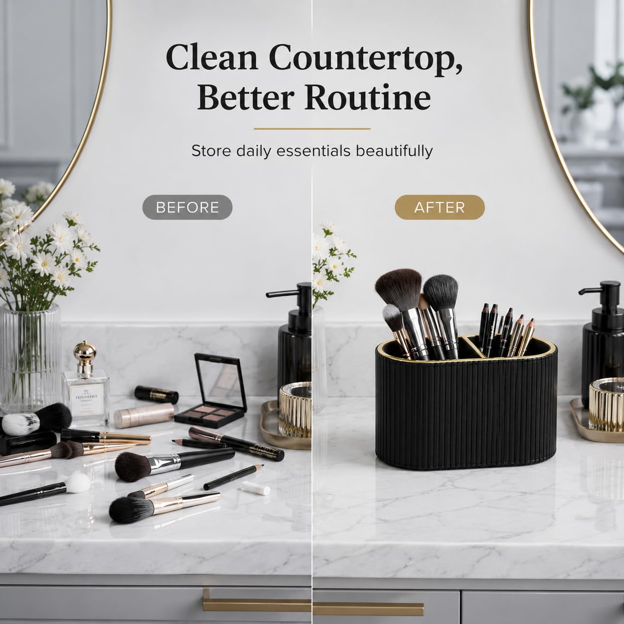 GORESE Organizer per Pennelli da Trucco,Porta Pennelli Make Up Organizzatore di Cosmetici in Pelle Organizer per Trucchi con 2 Scomparti Organizzatore Scrivania per Comò,Bagno,Camera da Letto(Nero)